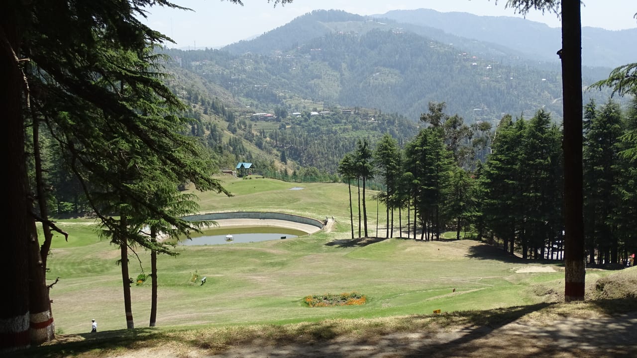 Naldehra Golf Club, Shimla — deodars over the valley fairway, a figure walking in