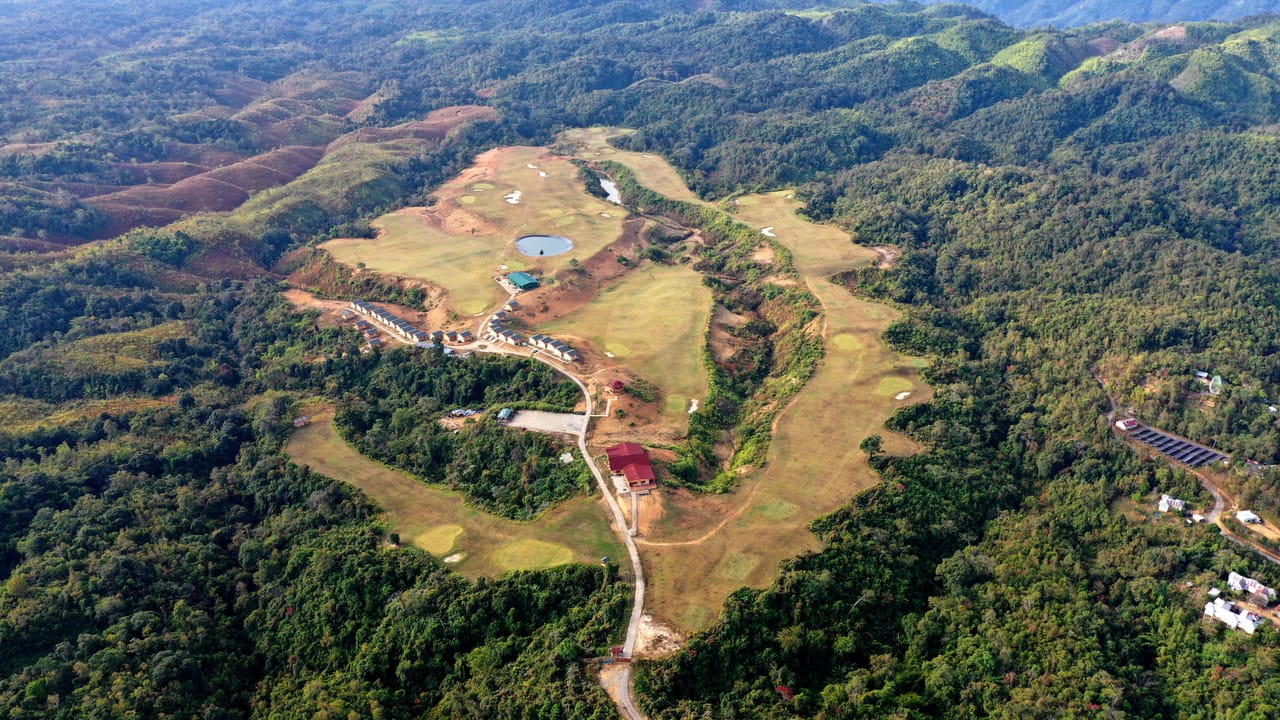 Thenzawl Golf Resort, Mizoram — an aerial of the course carved out of forested hills