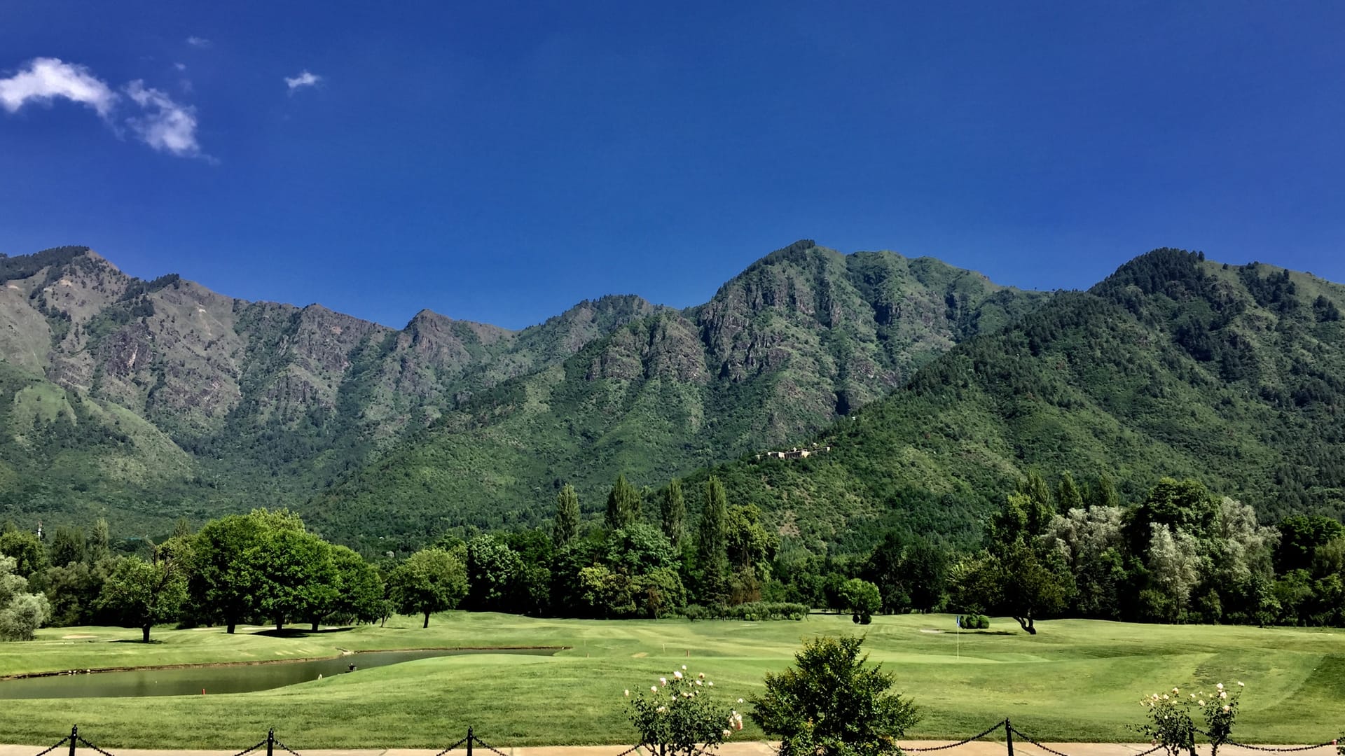 Royal Springs Golf Course, Srinagar — the Zabarwan range standing over the fairway